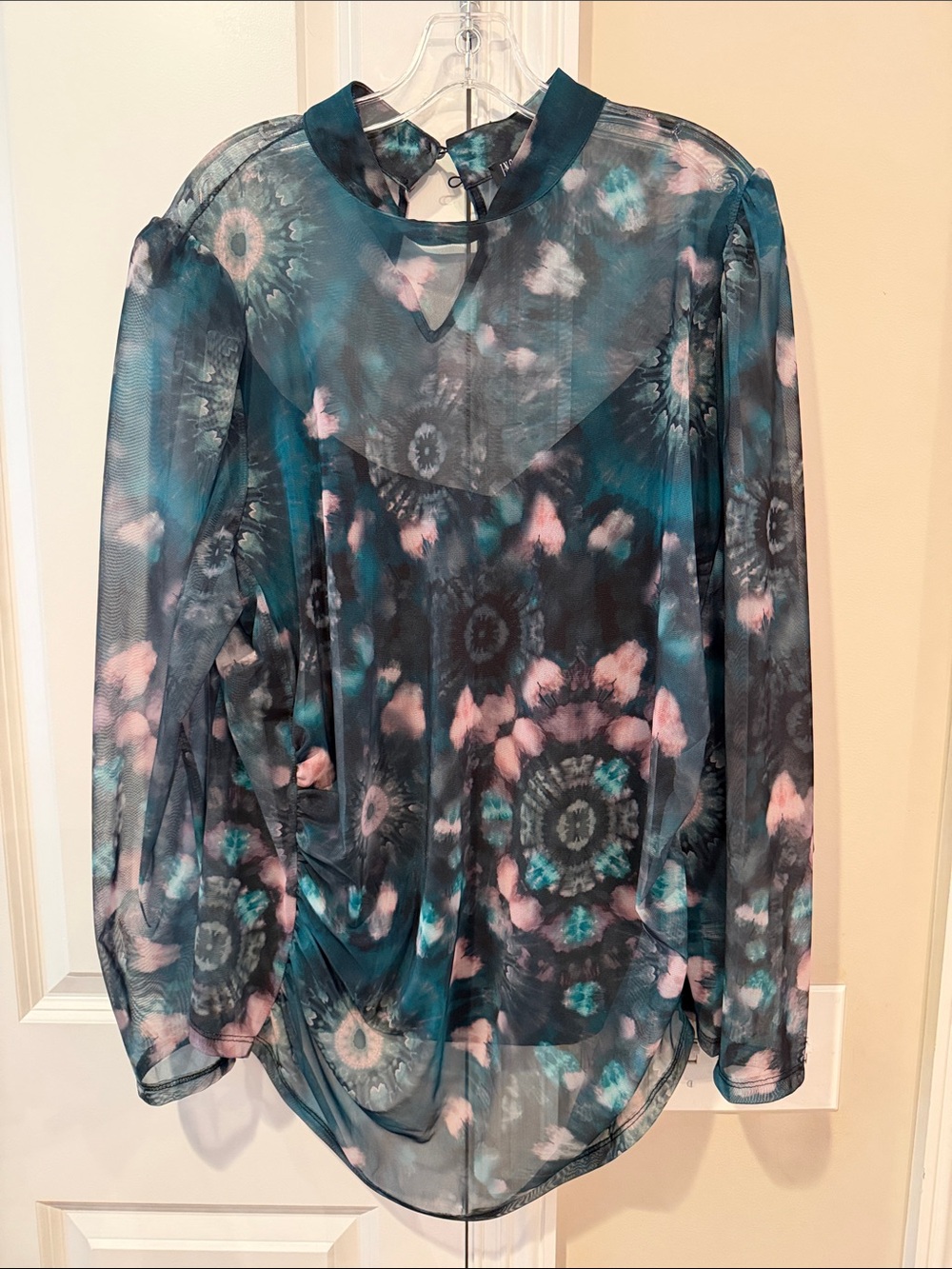 INC International Concepts Teal & Pink Sheer Tie-Neck Blouse - Picture 1 of 3